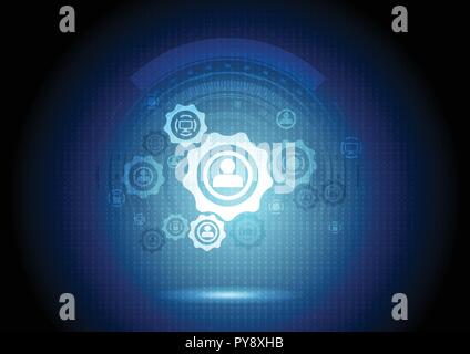 Abstract communication futuristic background with gears and icons. Technology vector design template Stock Vector