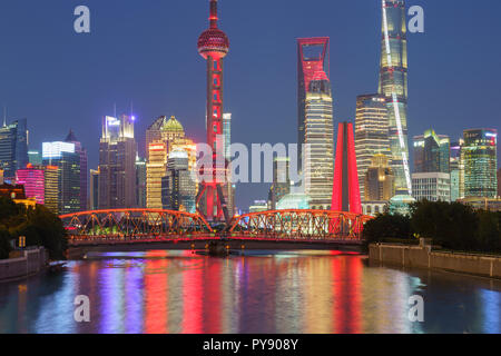 Pudong Skyline during the blue hour with golden week lighting
