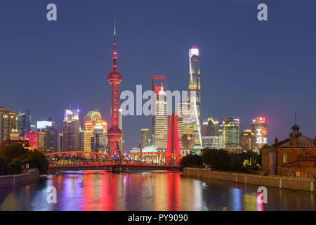 Pudong Skyline during the blue hour with golden week lighting