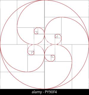 Colorful vector illustration of Fibonacci spiral. Golden ratio Stock Vector