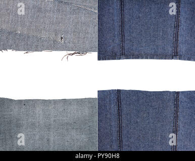 Collection of blue jeans fabric textures isolated on white background. Rough uneven edges. Torn jeans fabric with copy space. Wrong side of fabric. Stock Photo