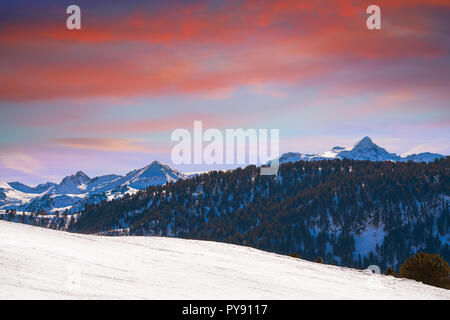 Baqueira Beret view of Aneto peak Lerida Catalonia ski Aran Valley of Pyrenees Stock Photo