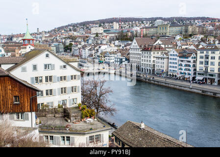 Zurich, Switzerland - March 2017: Aerial view of Zurich city center with river Limmat Stock Photo