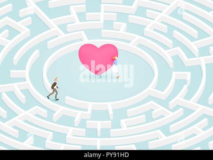 Man success to finding girlfriend in circular maze, labyrinth of heart. Vector illustration for love, relationship,  valentine's day concept. Stock Vector