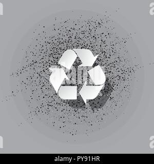 Recycle symbol with shadow on scattered dense black and white dots background. Vector illustration paper art style for conservation, ecology concept. Stock Vector