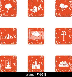 City decor icons set, grunge style Stock Vector