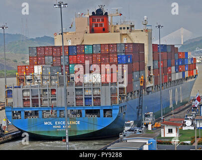 Mol Excellence ship leaving the Miraflores locks in Panama canal Stock Photo