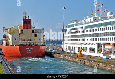 STX Ace 5 ship and cruise boat in the Panama canal, Miraflores, Panama Stock Photo