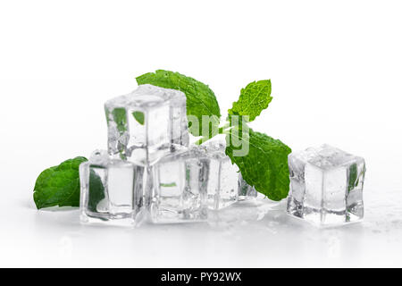 fresh mint and ice cubes on white background Stock Photo