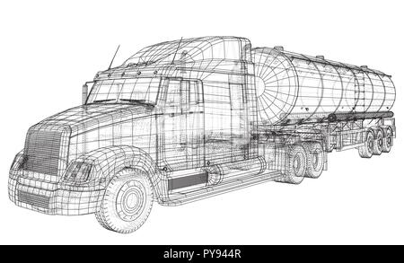 Sketch of a truck with a tank vector. Created illustration of 3d. Wire-frame Stock Vector