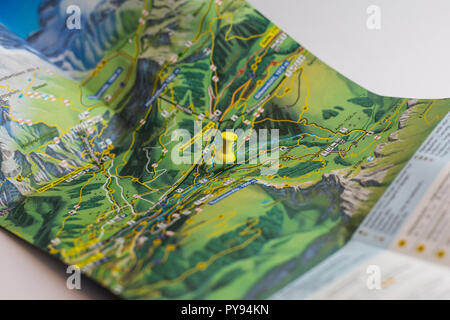 yellow pin marks a location of a destination on a map, switzerland Stock Photo