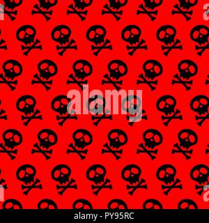 halloween design and decoration. black Skull and bones crossed. Vector illustration. Seamless red background. poison. goths. Stock Vector