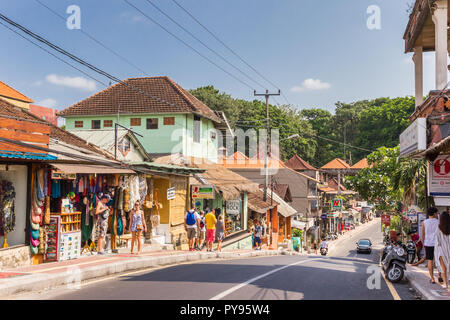 Souvenir shops in the center of Ubud on Bali island, Indonesia Stock Photo