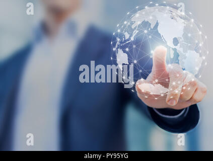 Global network communication with international connections for business around 3d world map, financial exchange, Internet of Things (IoT), blockchain Stock Photo