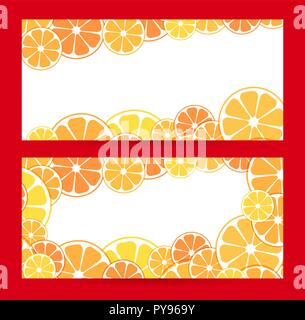 Set horizontal bright banner with empty place for text. Vector illustration of sliced halves of citrus fruits oranges and tangerines. Design background for business projects brochure, layout, flyer. Stock Vector