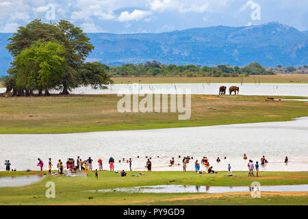 People washing in the lake and elephants in the background, in Uda Walawe, Sri Lanka. Stock Photo