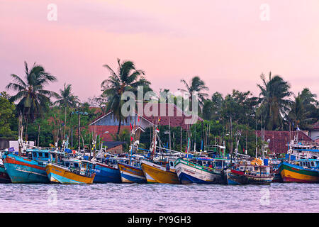 Colorful fishing boats at the sunrise in Negombo, Sri Lanka. Stock Photo
