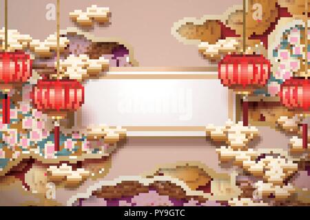 Chinese traditional wallpaper with blank roll and hanging lanterns on floral decorations Stock Vector