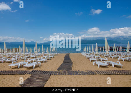 Sunshades on beach - Prespa Lake - Slivnica beach – Macedonia Stock Photo