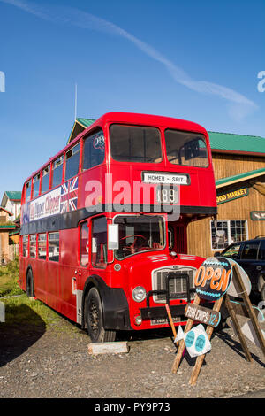 Red bus diner cafe, Homer spit, Homer, Kenai Fjords National Park, Alaska, USA. Stock Photo