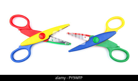 Two open kid's scissors isolated on white Stock Photo