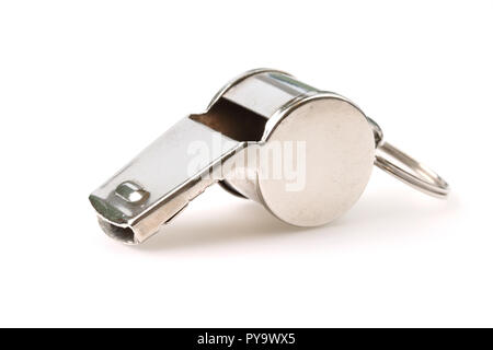 Silver referee whistle isolated on white Stock Photo