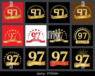 Set of number ninety-seven (97 years) celebration design. Anniversary golden number template elements for your birthday party. Stock Vector
