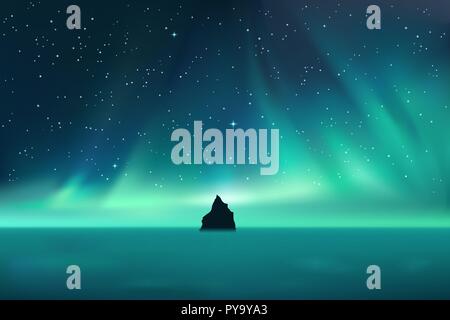 Dark rock against northern lights landscape with stars Stock Vector