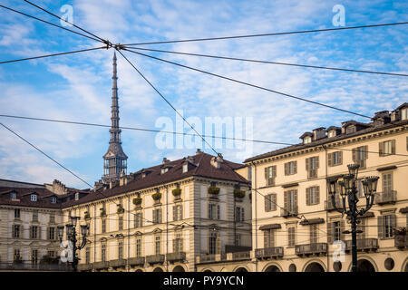 View of the Mole Antonelliana, the main landmark of Turin, from Piazza Vittorio Veneto (Vittorio Veneto Square), one of the most elegant square in the Stock Photo