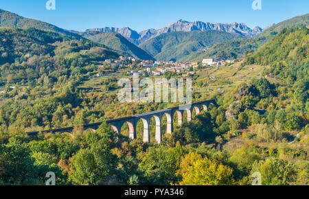 Idyllic landscape with the village of Poggio and the Apuan Alps in the background. Province of Lucca, Tuscany, central Italy. Stock Photo