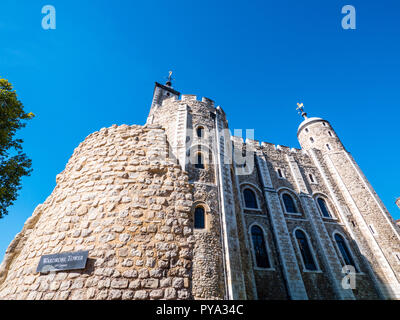 Wardrobe Tower, with White Tower in the Background, Tower of London, London, England, UK, GB. Stock Photo