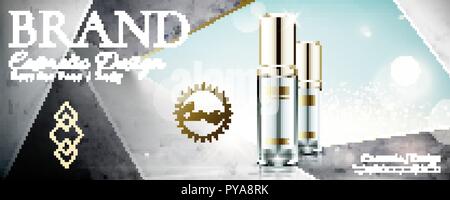 Cosmetic glass bottle on marble stone geometry background in 3d illustration, glitter effect Stock Vector