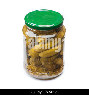 Jar of pickled cucumbers isolated on white background Stock Photo