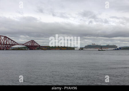 Forth Bridge near Edinburgh with luxury cruise ship Royal Princess Stock Photo