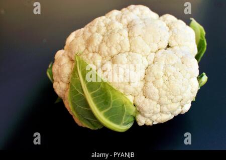 Raw fresh white cauliflower isolated on black background. Side view Stock Photo