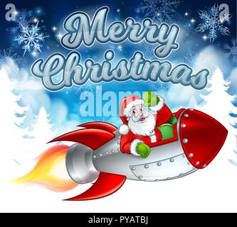 Santa Claus in Rocket Merry Christmas Cartoon Stock Vector