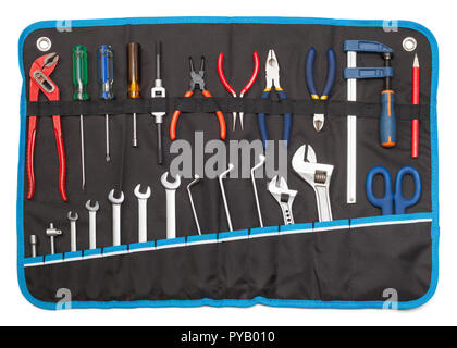 Toolbelt with set of tools - screwdrivers nippers wrenches spanners pliers  scissors isolated on white - DIY consept Stock Photo