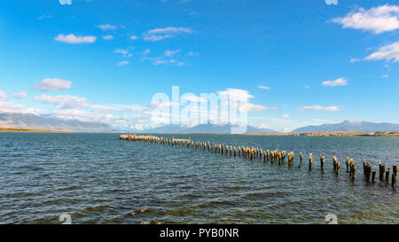 Patagonia bay and mountains from Puerto Natales with cormorants on old pilings day Stock Photo
