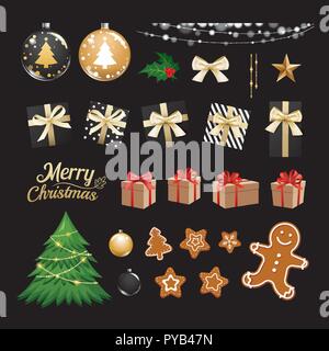 Christmas objects collection set gifts and decorative ornaments background. Stock Vector