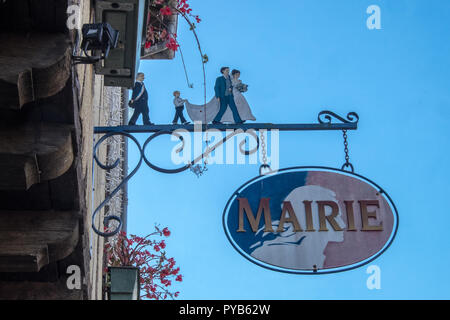 Hotel de Ville,City Hall,Mairie,Town Hall,signs,sign,in,town,square,bastide,marriage,wedding,venue,Mirepoix,Arriege,South,of,France,French,Europe, Stock Photo