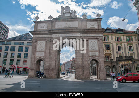 Austria, Tyrol, Innsbruck View of the Triumphal Arch Triumphpforte on Maria Theresien Strasse erected by Maria Theresa in 1765 Stock Photo