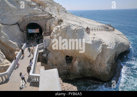 Israel. Rosh Hanikra The white cliff is a chalk cliff on the beach of Upper-Galilee on the border between Israel and Lebanon, chiselled out into labyr Stock Photo