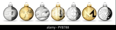 crypto currency coin christmas xmas ball bauble set collection gold silver bitcoin ethereum monero litecoin dash iota ripple isolated on white backgro Stock Photo