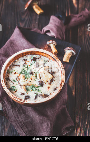 Portion of creamy porcini mushroom soup Stock Photo