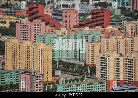 The City of Pyongyang is being modernized and repainted everywhere you go or look. Old soviet style blocks are being painted in fresh colors. In far r Stock Photo