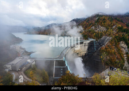 Landscape of Kurobe Dam in autumnal rain in Toyama, Japan. Stock Photo