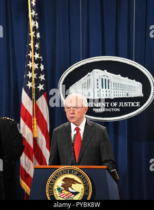 Washington, USA. 26th Oct, 2018. U.S. Attorney General Jeff Sessions speaks during a press conference at the U.S. Department of Justice in Washington, DC, the United States, Oct. 26, 2018. Jeff Sessions said on Friday that package bomb suspect Cesar Sayoc, of Florida, is in the custody of the FBI and has been charged with five federal crimes. Credit: Liu Jie/Xinhua/Alamy Live News Stock Photo