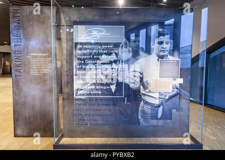 Columbus, Ohio, USA. 25th Oct, 2018. One of the displays at the National Veterans Memorial and Museum photographed Thursday, October 25, 2018 in Columbus, Ohio. The NVMM will open officially to the public on Saturday October 26, 2018. Retired Army Gen. Colin L. Powell will deliver a keynote address about the role of veterans in our country and the innovation, courage and strength they provide communities. The new building, designed by U.S.-based Allied Works Architecture, is a sort of concrete cake. Or as the firm describes it, "Intersecting bands of concrete, arranged in concentric ring Stock Photo