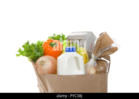 Brown eco friendly grocery bag with bottle of milk, carton of eggs, bag of bread, bananas, lettuce, bell pepper and onion, isolated on white. Healthy  Stock Photo