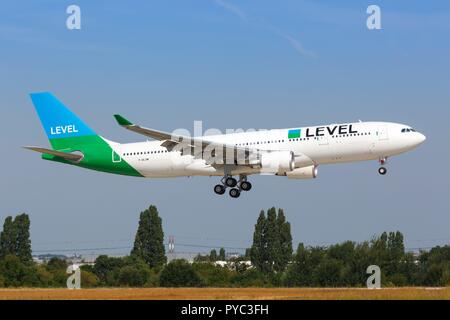 Paris, France - August 16, 2018: Level Airbus A330 airplane landing at Paris Orly airport in France. | usage worldwide Stock Photo